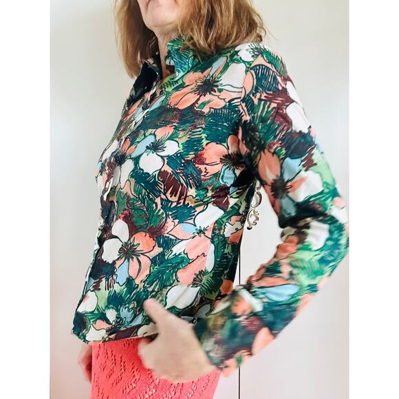 Vintage 70s Floral Print Button Up Blouse size S/M Fit Dagger Collar Statement - Picture 9 of 10